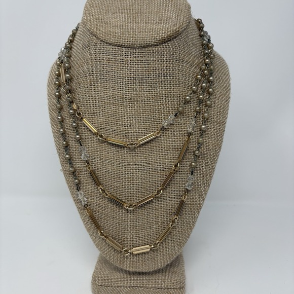 Vintage‎ 56" Gold Tone Necklace w/ Bar Links, Crystal & Round Metal Beads - Picture 1 of 5